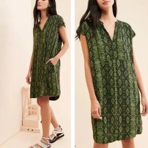 Anthropologie Rachel Tunic Shift Dress Green Snake Skin Print  M